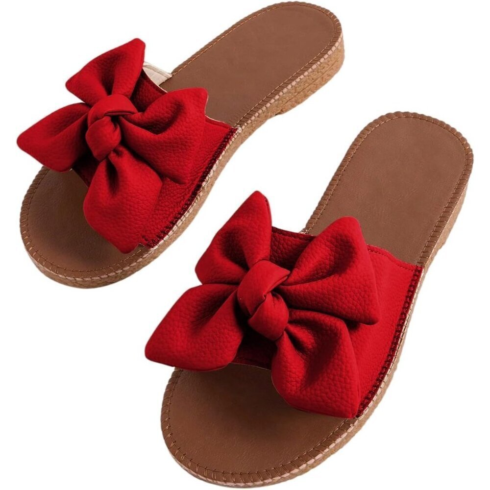Women's Bow Red Knot Open Toe Leather Flat Slides Slippers Shoes